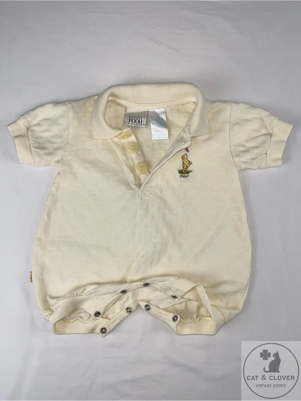 Classic Pooh Vintage Disney Heyman Corp Cream Embroidered Romper & Hat Set 3M